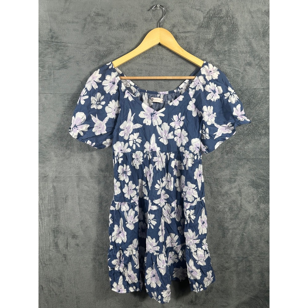SO Goods for Life Women XS Blue Floral Tiered Mini Babydoll Dress V-Neck Flutter